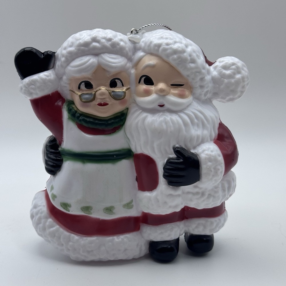 Santa & Mrs. Claus Blow Mold Ornament Retro Vintage Look Plastic 4x5" Christmas